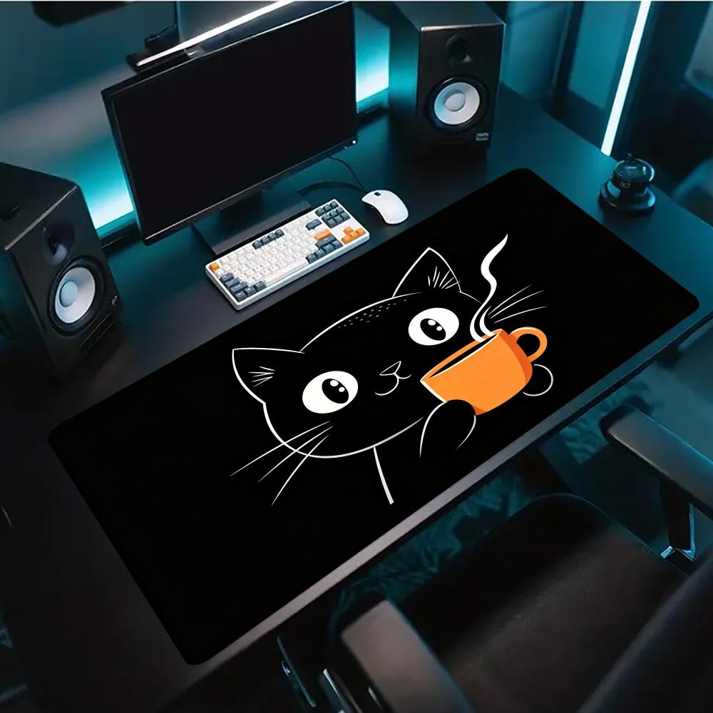 Desk Setup Pc And Laptop - 귀여운 라인 아트 고양이가 커피잔을 든